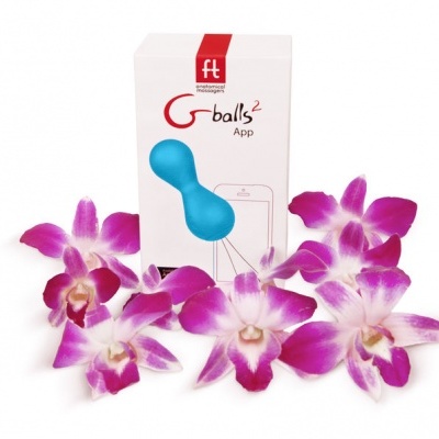 Dispositivo Go balls 2 azul com embalagem e flores tropicais cor-de-rosa