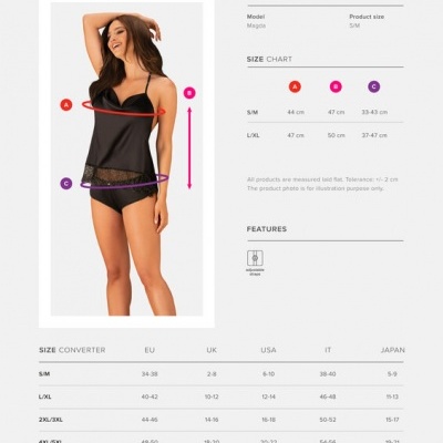 Conjunto feminino preto top e shorties Agatya com modelo e tabela de tamanhos