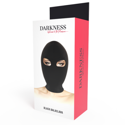Embalagem de balaclava preta DARKNESS com imagem de pessoa usando o produto e fundo branco com lateral rosa.