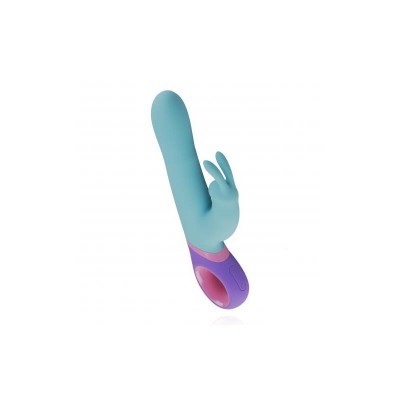 Vibrador azul e roxo com parte em forma de coelho e cabo ergonómico