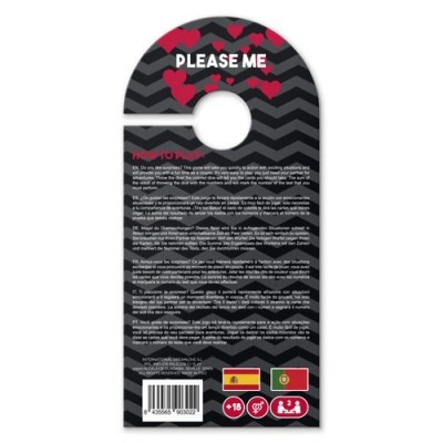 Cartão pendurar porta preto com padrão ziguezague, texto PLEASE ME e instruções multilíngues, bandeiras e símbolos de idade