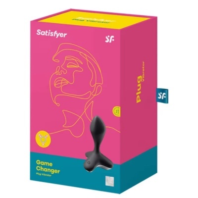 Embalagem Satisfyer Game Changer Plug Stimulator rosa, amarelo e azul com imagem de plug preto