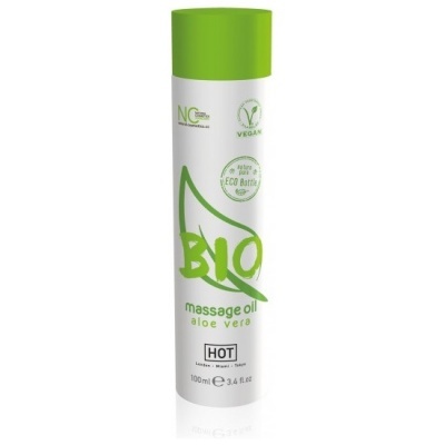 Frasco cilíndrico branco com tampa verde de óleo de massagem aloe vera BIO
