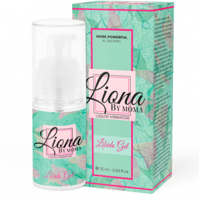 Frasco e caixa do gel líquido vibrador Liona By Moma verde e rosa