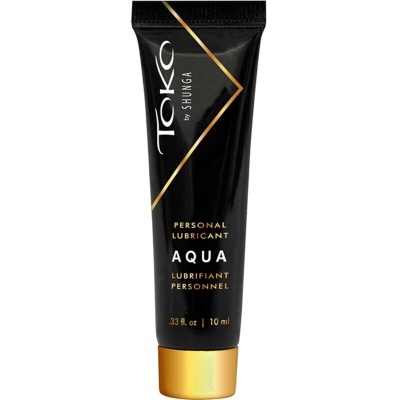 Frasco preto de lubrificante pessoal Tsko by Shunga Aqua com tampa dourada