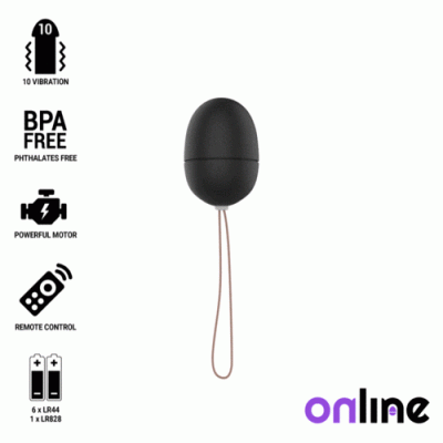 Vibrador preto em forma de cápsula com cordão, ícones e texto de funcionalidades