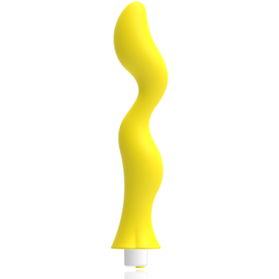 Vibrador amarelo ondulado com base branca e dourada