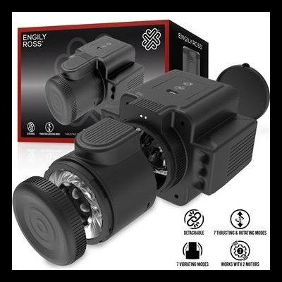 Câmera preta ENGILY ROSS com duas partes destacáveis e embalagem preta e vermelha