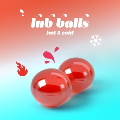 Duas esferas vermelhas translúcidas com texto lub balls hot & cold e ícones de fogo e gelo