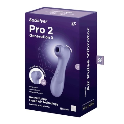 Embalagem roxa do Satisfyer Pro 2 Generation 3 com imagem do vibrador e textos das suas características