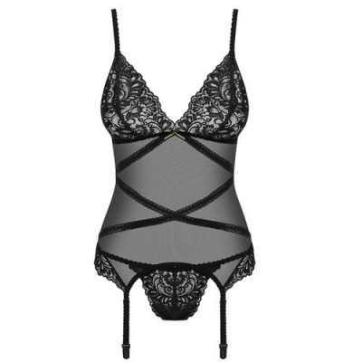 Corpete de lingerie feminino preto com renda floral e tecido transparente