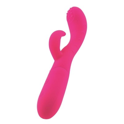 Vibrador rosa com duas extremidades distintas e botões no cabo