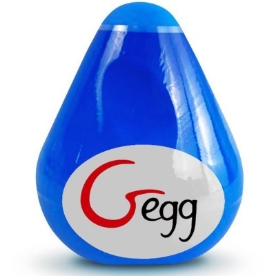Produto azul brilhante em forma de gota com etiqueta oval 'Gegg'