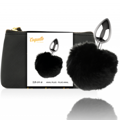 Plug anal com pompom preto e bolsa preta