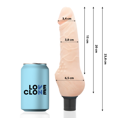 Dildo realístico cor de pele com dimensões ao lado de lata azul claro com inscrição LOVE CLONE
