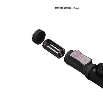 Dispositivo preto com compartimento aberto para pilhas AAA e tampa ao lado