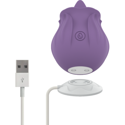 Dispositivo roxo em forma de botão com carregador USB branco
