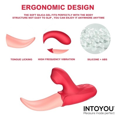 Dispositivo ergonómico vermelho e rosa de silicone e ABS com texto explicativo.