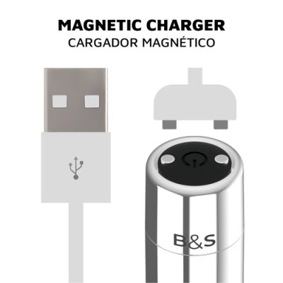 Carregador magnético USB com corpo metálico e texto B&S