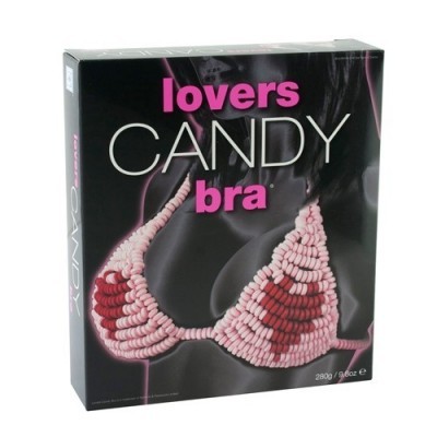 caixa com imagem de sutiã de doces rosa e vermelho, texto lovers CANDY bra