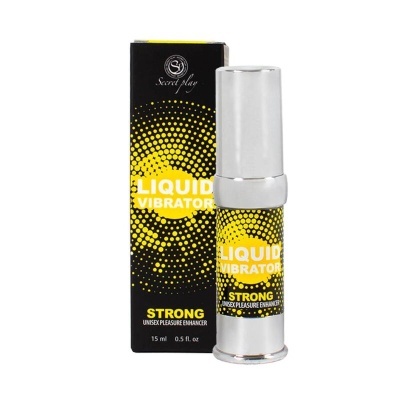 Frasco prateado do produto LIQUID VIBRATOR STRONG ao lado da caixa preta e amarela