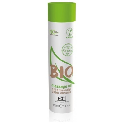 Frasco branco e verde de óleo de massagem BIO com texto em inglês e símbolos de vegan e ecologia