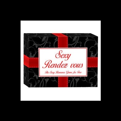 Caixa de jogo 'Sexy Rendezvous' preta com fita vermelha e texto em vermelho e dourado