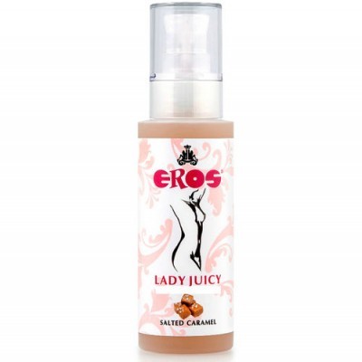 Frasco de líquido EROS LADY JUICY salted caramel com imagem feminina estilizada