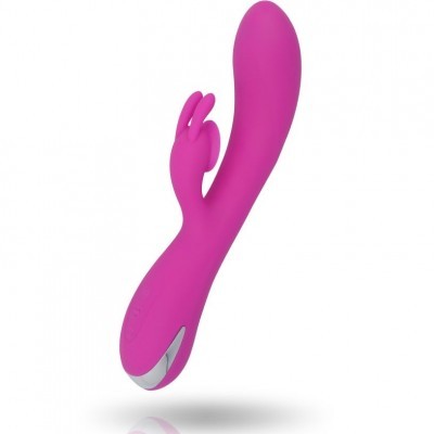 Vibrador rosa de silicone com extremidade curva e orelhas de coelho, detalhes prateados