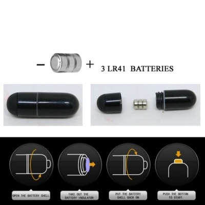 Dispositivo preto com pilhas LR41 e instruções para montagem e uso