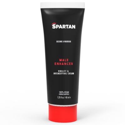 Tubo preto com tampa vermelha de creme male enhancer da marca SPARTAN