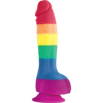 dildo colorido com padrão arco-íris e base de ventosa roxa