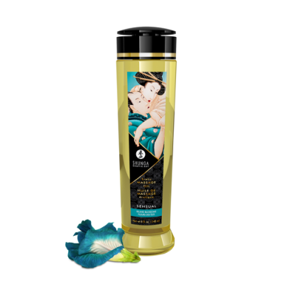 Frasco amarelo de óleo de massagem Shunga Sensual com tampa preta e ilustração artística no rótulo.