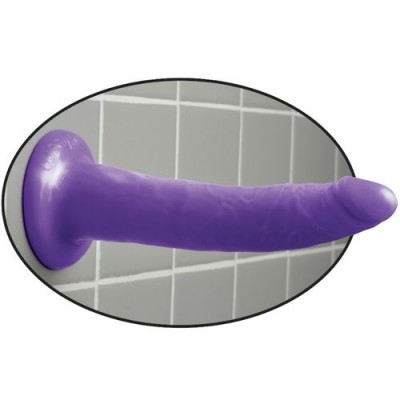 Dildo roxo com ventosa em parede de azulejos