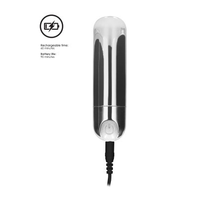 Aparelho cilíndrico metálico prateado com botão e cabo, fundo branco