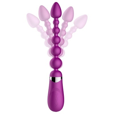 Massageador em silicone roxo com esferas em sequência e base ergonômica