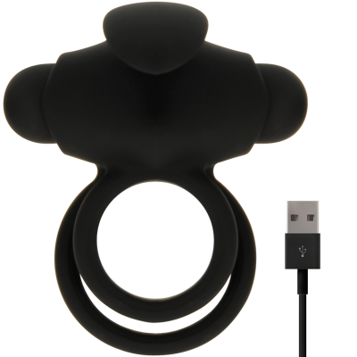 Anel vibratório preto de silicone com cabo USB.