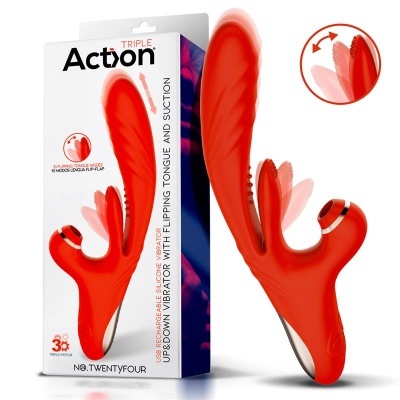 Vibrador vermelho em silicone com ventosa em embalagem.