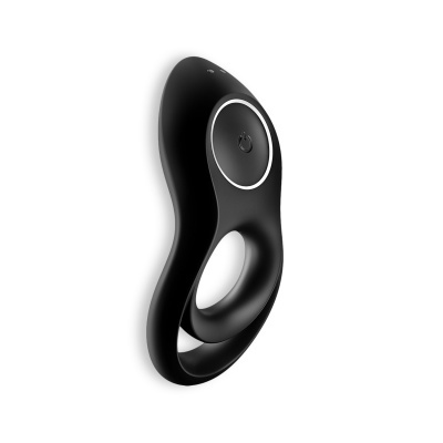 Dispositivo preto ergonómico com botão central e abertura circular