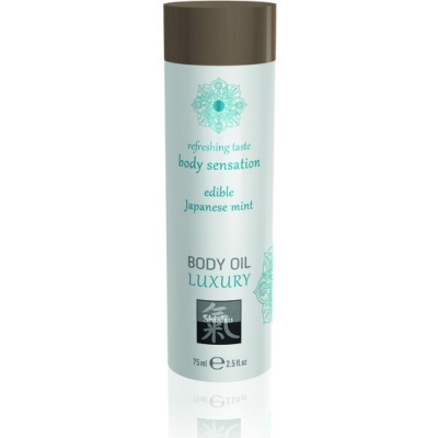 Frasco branco de óleo corporal luxury com tampa castanha e texto verde e preto