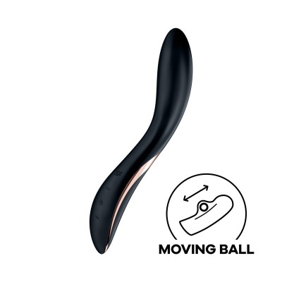 Vibrador preto curvo com detalhes dourados e texto MOVING BALL