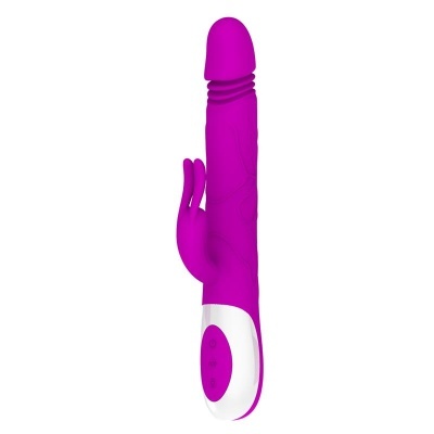 Vibrador roxo com controle branco e design coelho