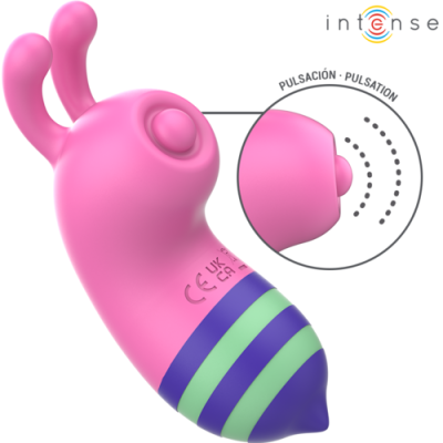 Vibrador rosa com antenas e detalhes verdes e azuis