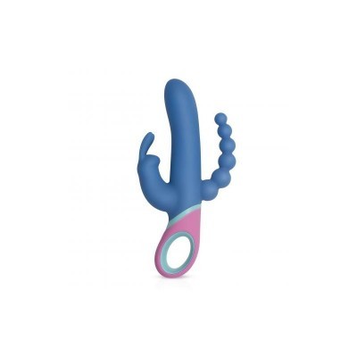Vibrador azul com múltiplas funções e base rosa