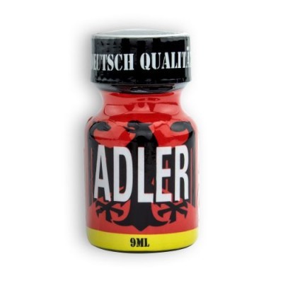 Frasco de 9 ml vermelho com tampa preta e texto 'ADLER' e 'DEUTSCH QUALITÄT'
