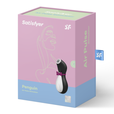 Embalagem do estimulador Satisfyer Penguin Air Pulse preta e branca com laço roxo