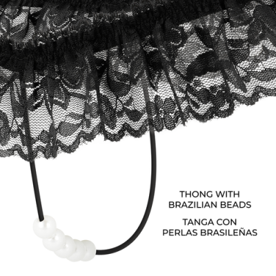Tanga preta de renda com contas brancas e texto descritivo