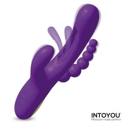 Vibrador roxo com várias extremidades texturizadas e texto INTOYOU no fundo