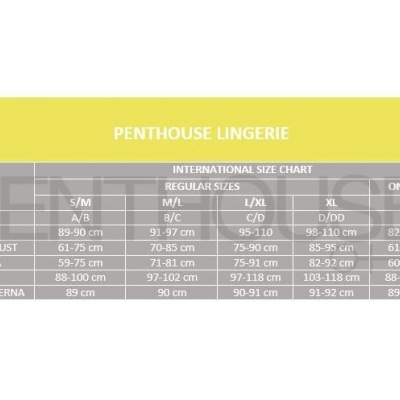 Tabela de tamanhos de lingerie Penthouse com várias medidas para diferentes tamanhos.
