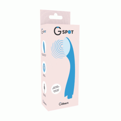 Embalagem rosa claro com vibrador azul e texto G SPOT Gilbert